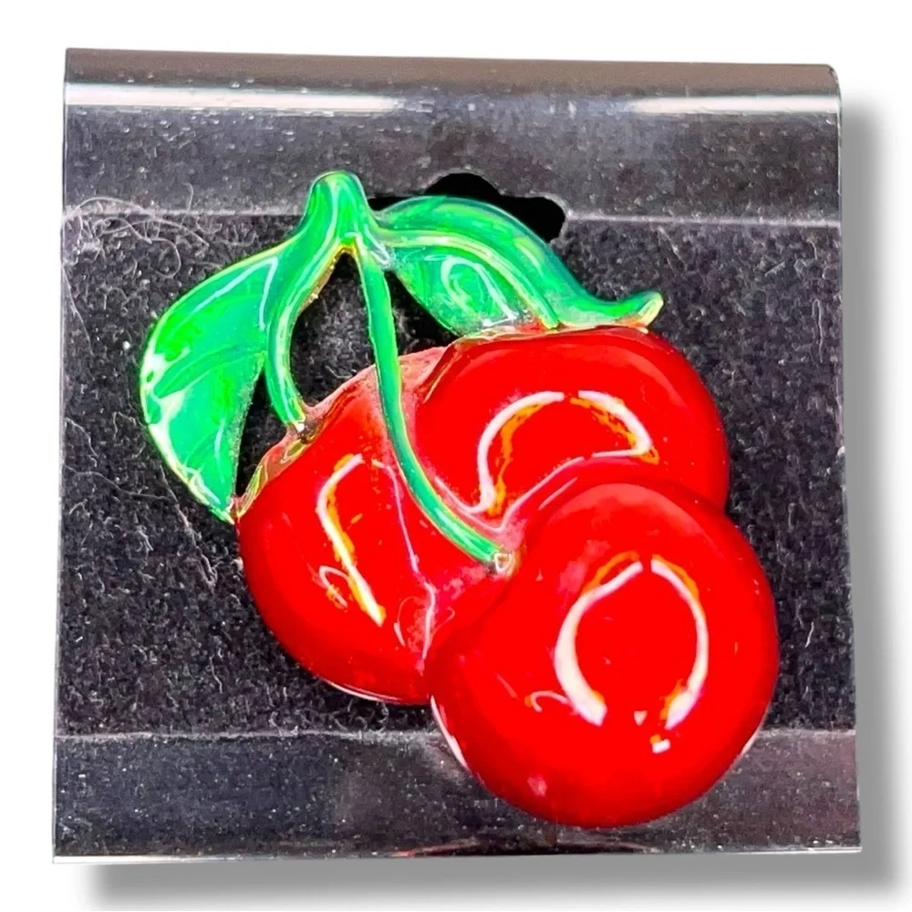 Vintage Cherry Enamel Metal Brooch Pinup Retro Red Green Colorful  Rockabilly